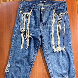 Fashion Nova Rhinestone Tassel Distresses Jeans